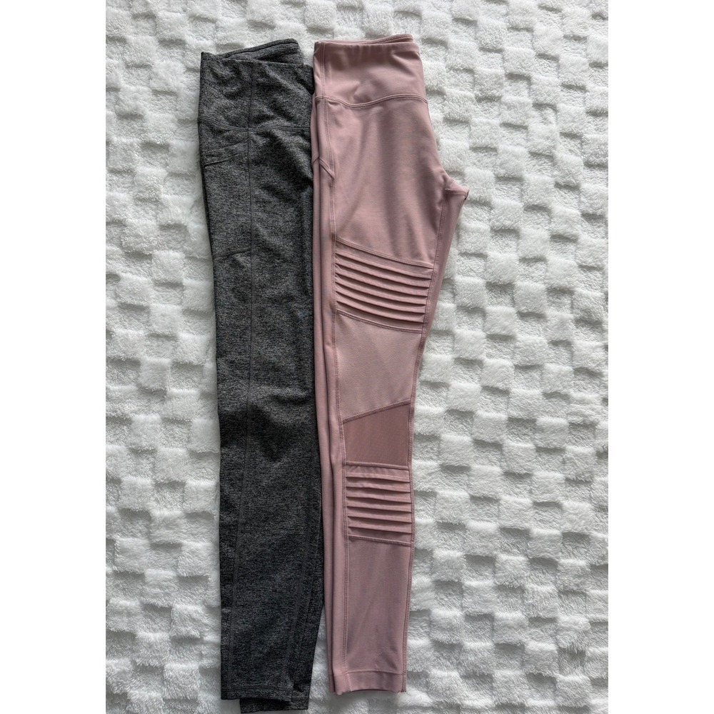 Lot of 2 Womens High Waisted Leggings Pink Moto Mesh & Grey Heather Pockets Sz S